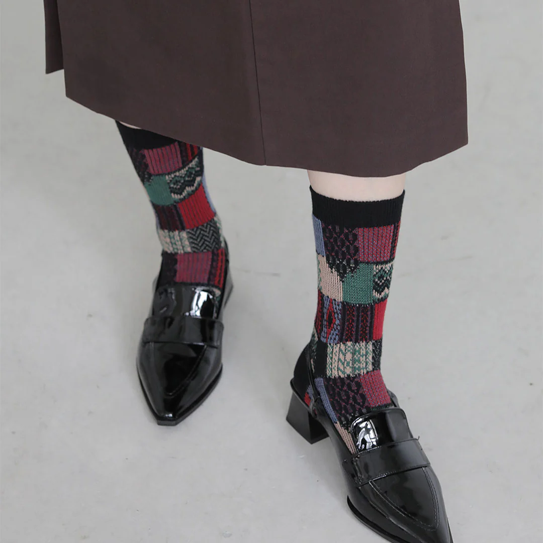 021140621 Wool Jacquard Patchwork Crew Socks - Image 9